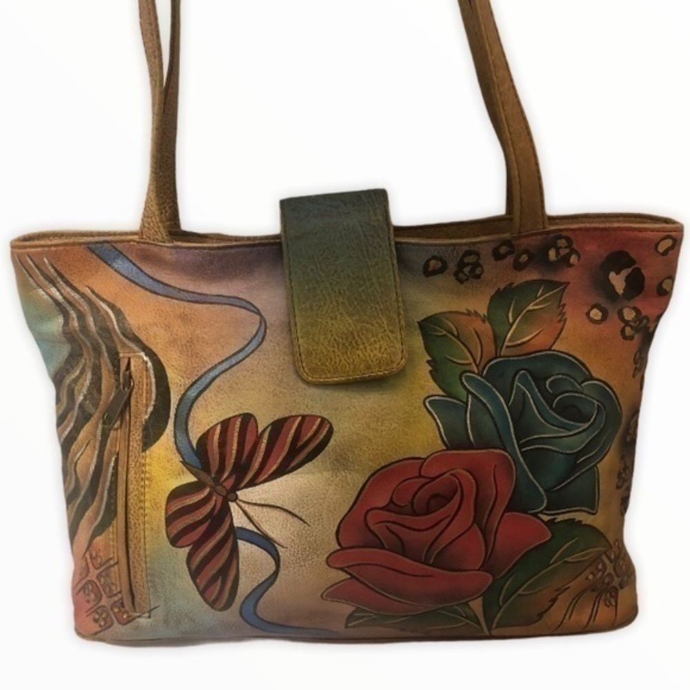 Anuschka painted leather rose tote bag